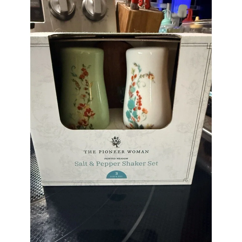 Pioneer Woman ~  Three (3) Piece ~ PAINTED MEADOW ~ Salt & Pepper Shakers w/Tray